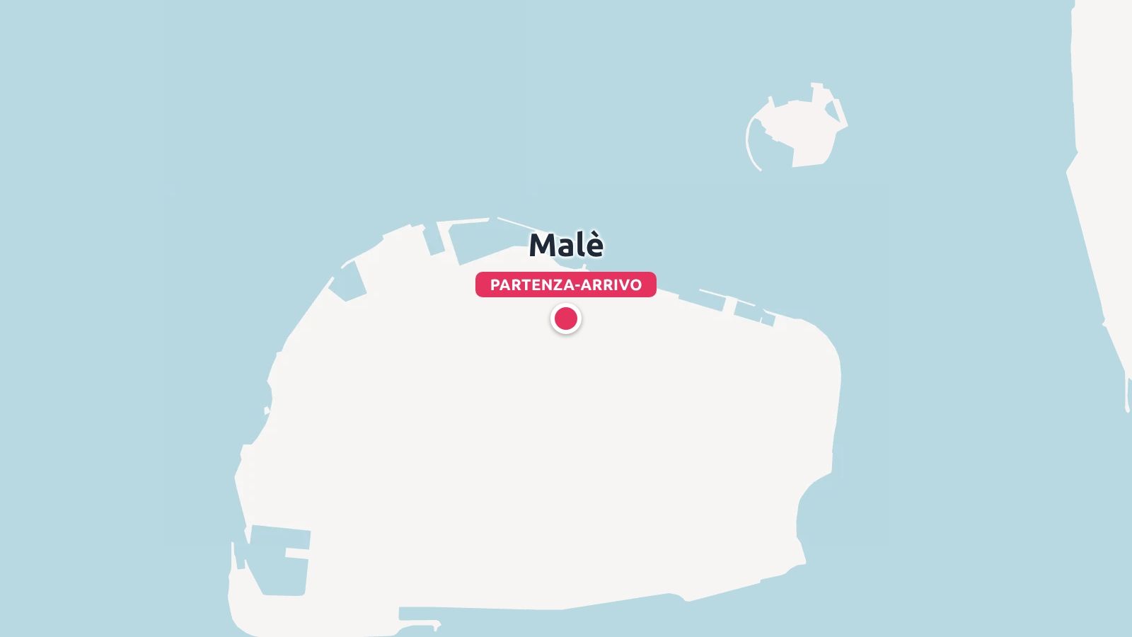 Una mappa minimalista dell'isola di Malè con un segnaposto rosso di partenza e arrivo