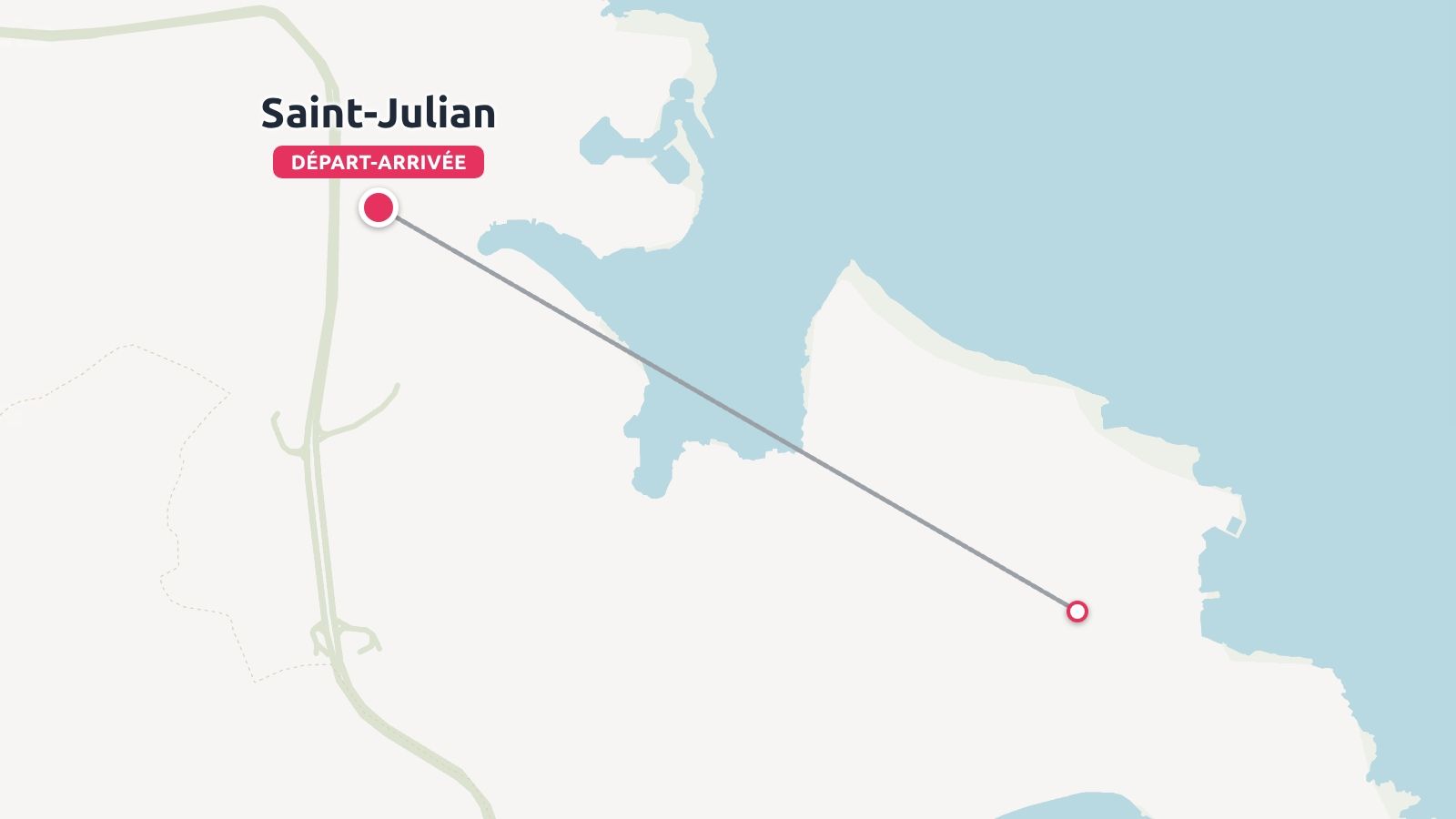 Une carte d'itinéraire de voyage montrant une ligne d'itinéraire partant de Saint-Julien le long d'une zone côtière.