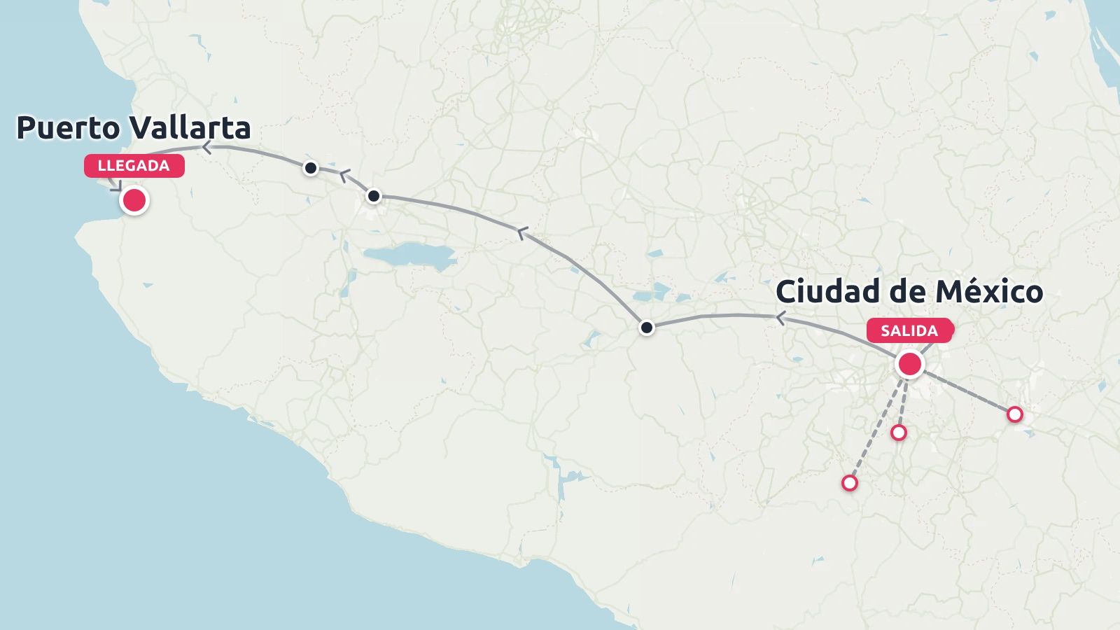 Mapa de ruta de viaje en México que muestra un recorrido que comienza en la Ciudad de México y termina en Puerto Vallarta.