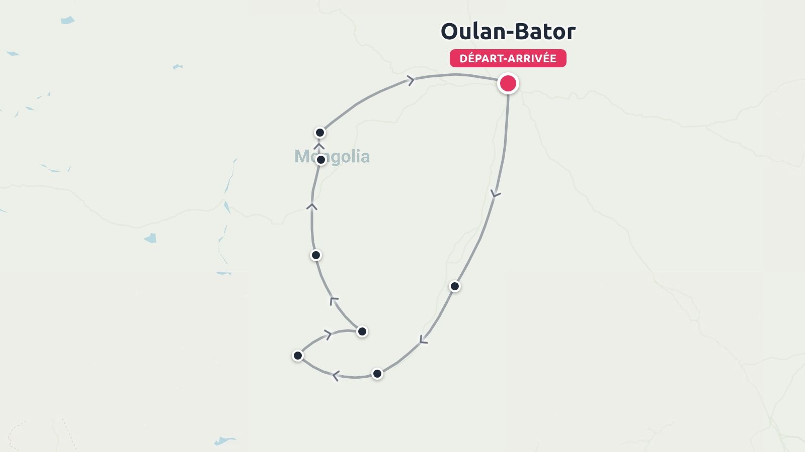 Carte de l'itinéraire de voyage en Mongolie au départ et à l'arrivée d'Oulan-Bator avec plusieurs arrêts marqués le long d'une boucle.