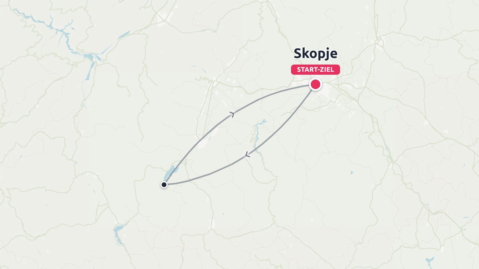 Reisekarte mit einer Rundreise, die in Skopje beginnt und endet, markiert mit Start-Ziel und einem Zielpunkt.