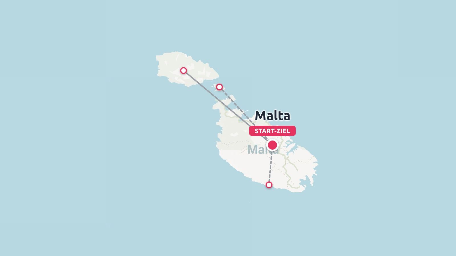 Reiseroute von Malta und Gozo mit Routenlinien, die markierte Reiseziele auf blauem Grund verbinden