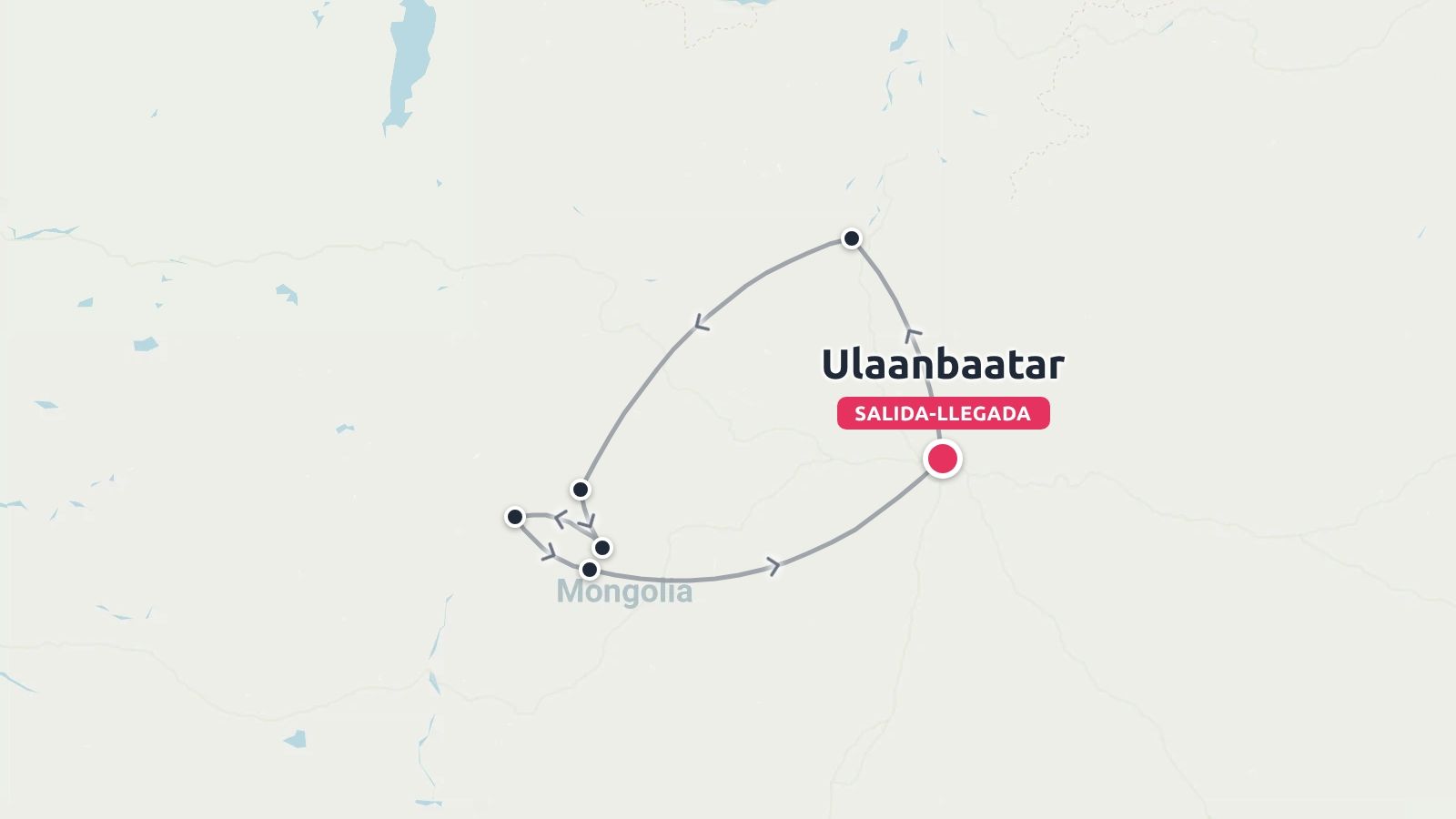 Un mapa de ruta de viaje de Mongolia que muestra un itinerario circular que comienza y termina en Ulán Bator.