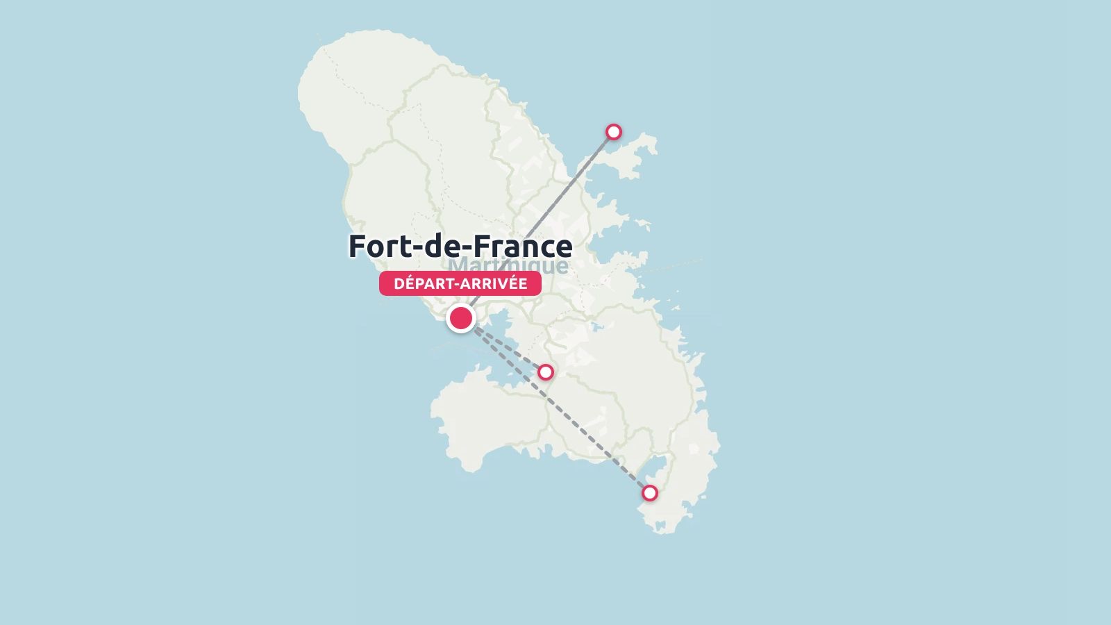 Un itineraire de voyage en Martinique mettant en valeur Fort-de-France comme point de depart et d arrivee avec des balises d itineraire de connexion