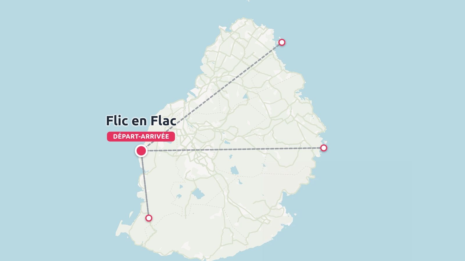 Une carte routière de l'île Maurice mettant en valeur les itinéraires reliant Flic en Flac comme point de départ et d'arrivée.