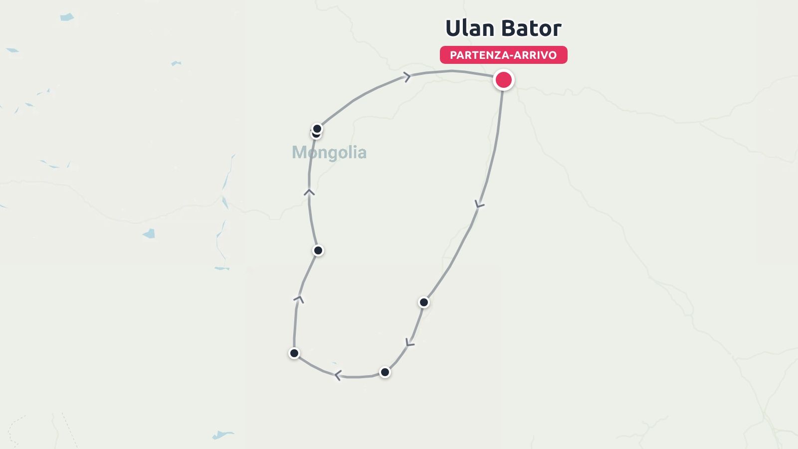 Una mappa che mostra un itinerario di viaggio circolare in Mongolia con partenza e arrivo a Ulan Bator