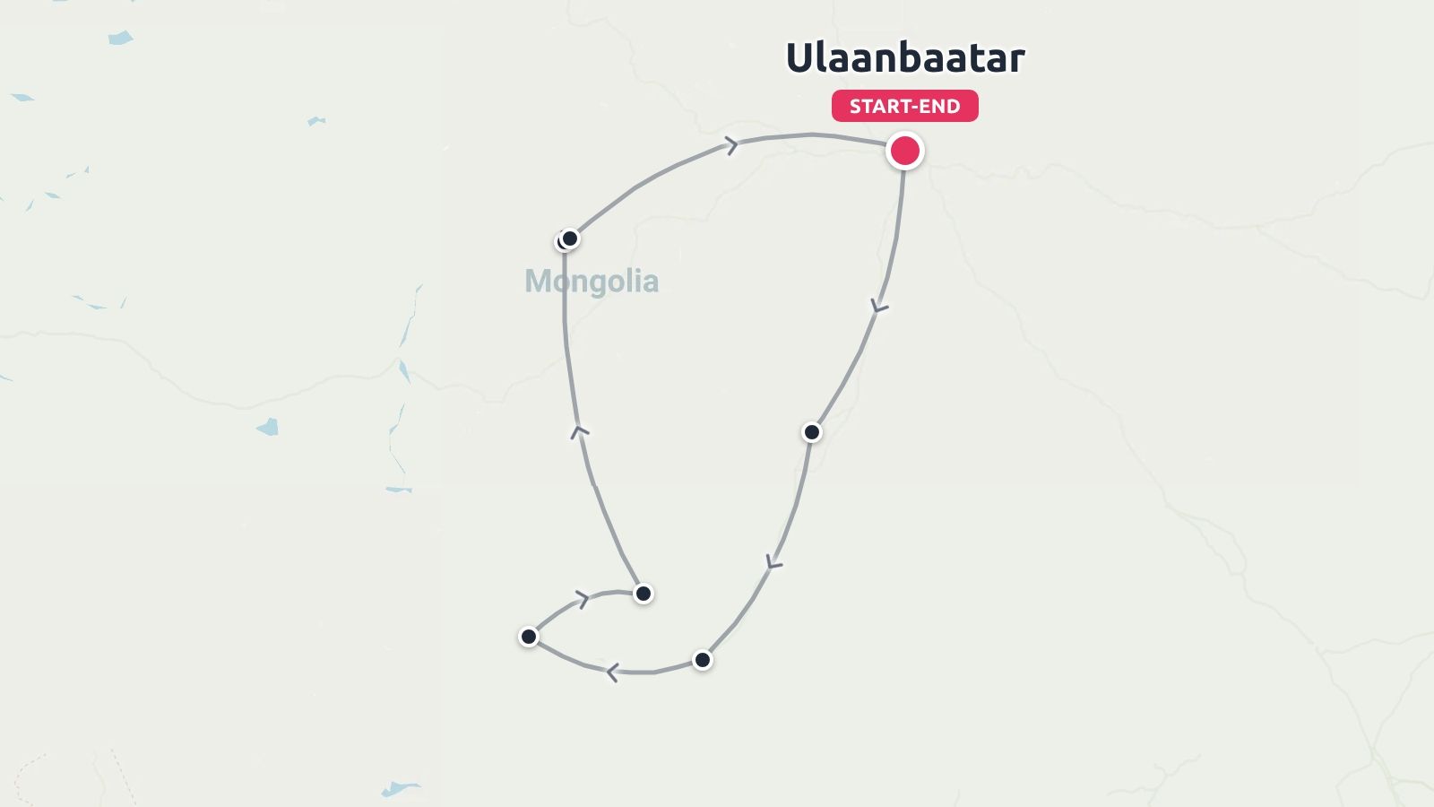 Travel route map of Mongolia starting and ending in Ulaanbaatar, marked with directional arrows and stops.