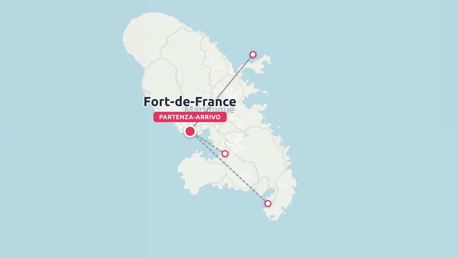 Una mappa dell'itinerario di viaggio della Martinica che indica Fort-de-France come punto di partenza e di arrivo.