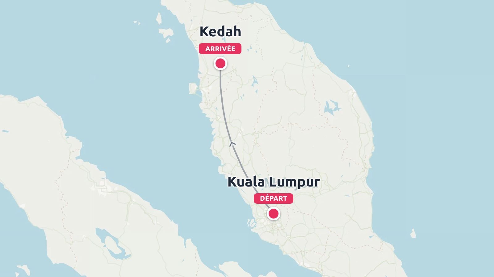 Une carte montrant un itinéraire de voyage en Malaisie partant de Kuala Lumpur et se terminant à Kedah