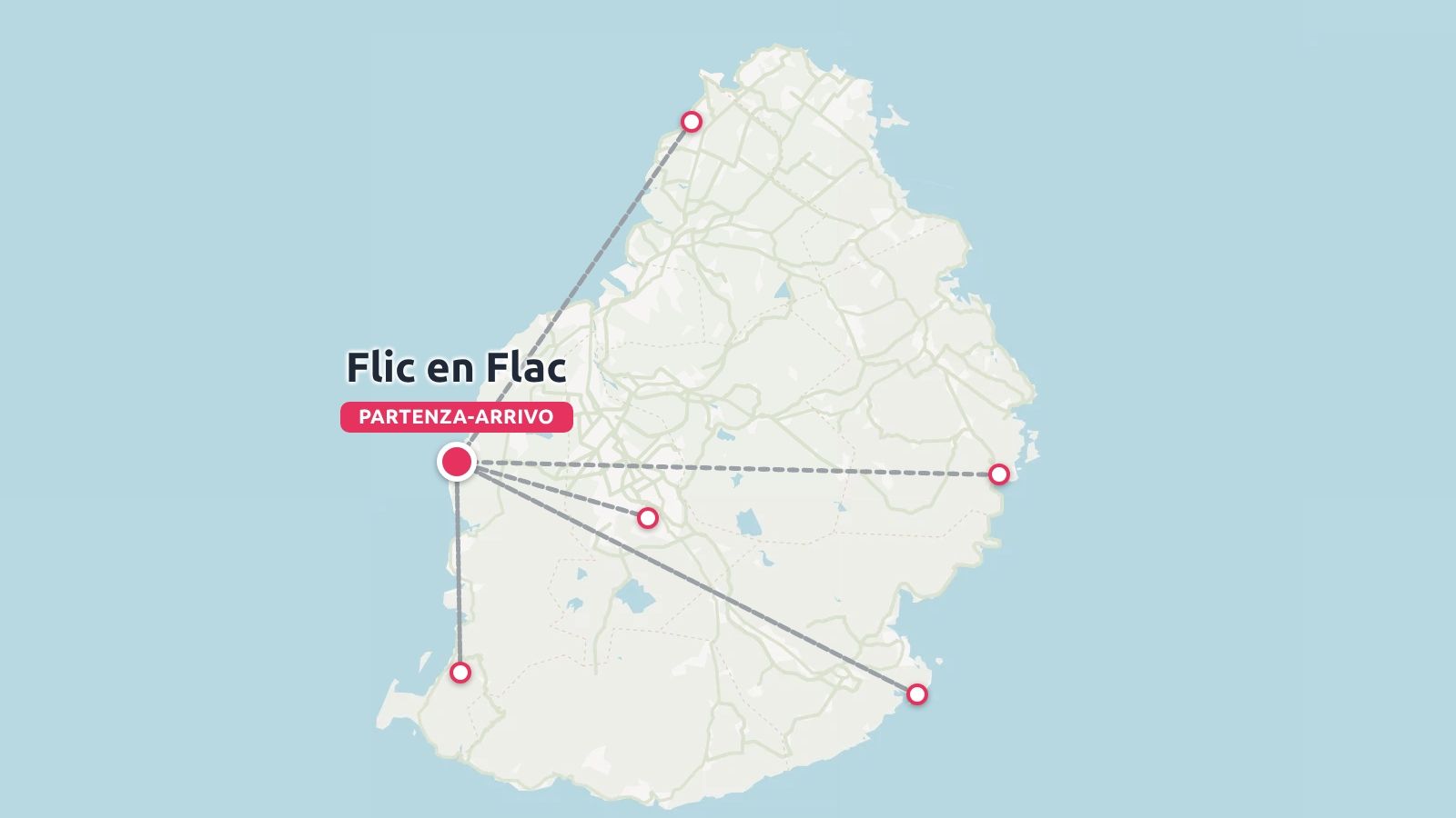Una mappa dell'itinerario di viaggio di Mauritius che mostra i collegamenti che si irradiano da Flic en Flac in tutta l'isola