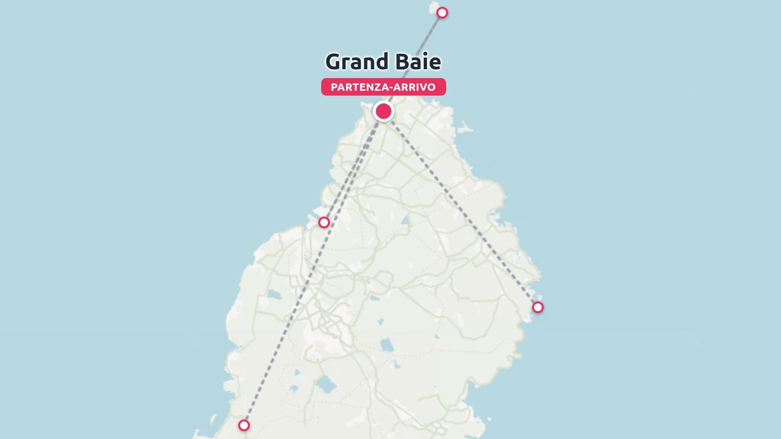Una mappa dell'itinerario di viaggio che mostra Grand Baie con linee tratteggiate che collegano le tappe lungo la costa di un'isola
