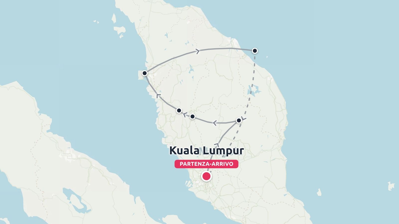 Una mappa dell'itinerario di viaggio della Malaysia Peninsulare che mostra un percorso circolare con partenza e arrivo a Kuala Lumpur.
