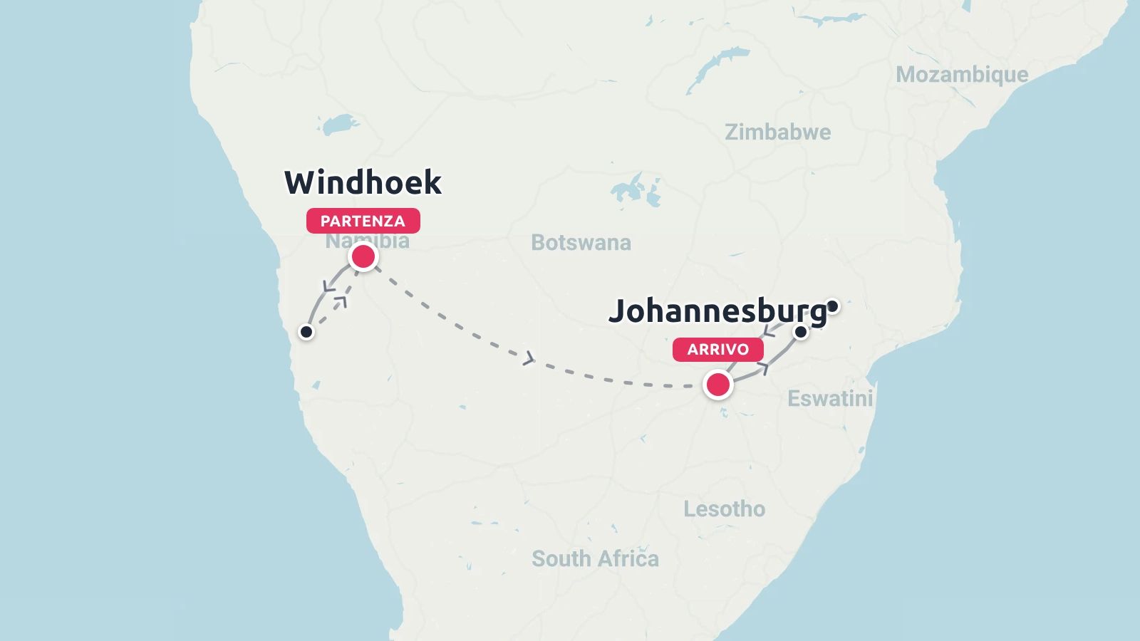 Mappa del percorso di viaggio che mostra un itinerario da Windhoek in Namibia a Johannesburg in Sudafrica.