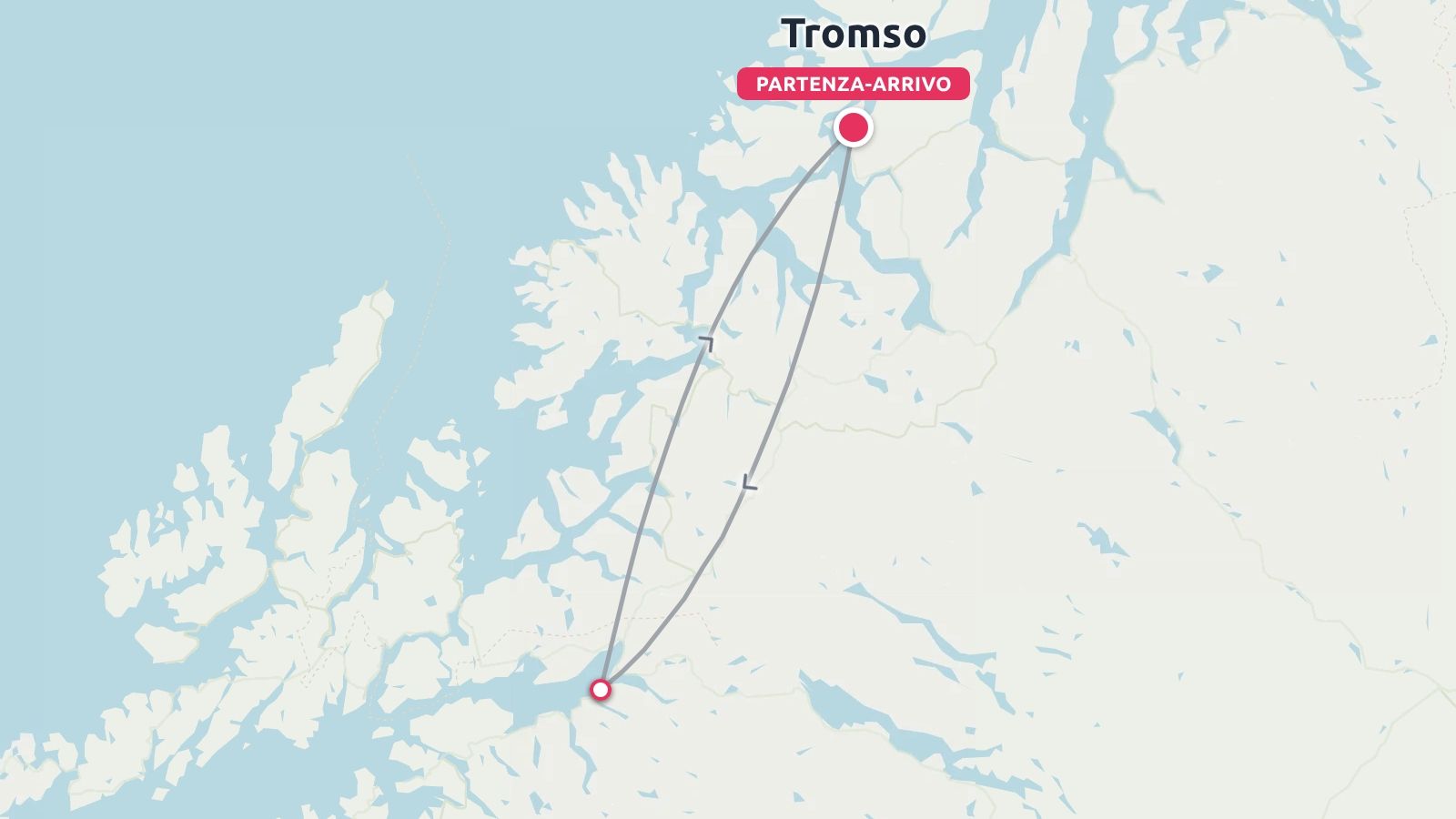 Una mappa che illustra un itinerario di viaggio di andata e ritorno con partenza e arrivo a Tromsø