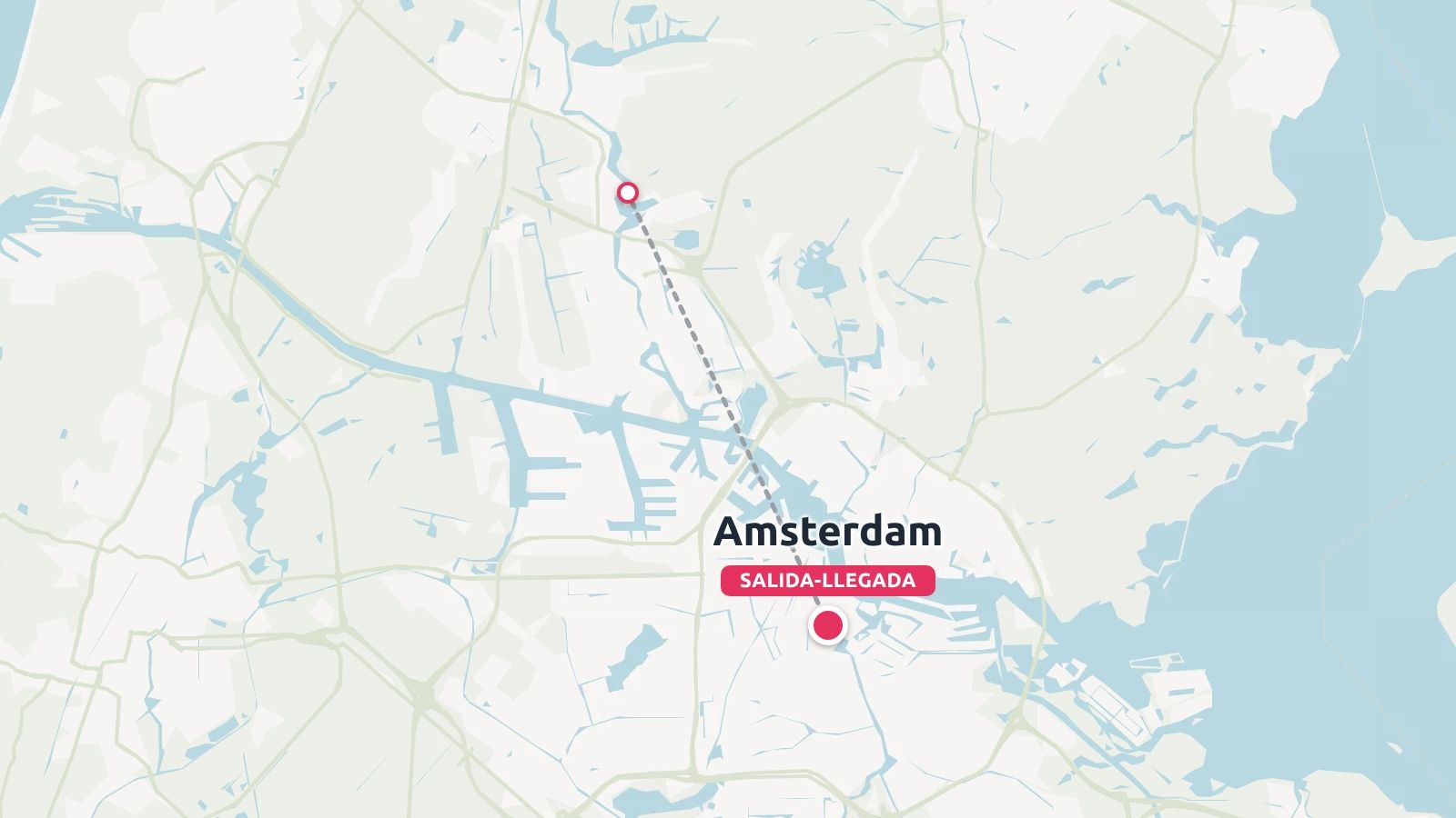 Un mapa de ruta de viaje que muestra una línea discontinua que conecta ubicaciones cerca de Ámsterdam