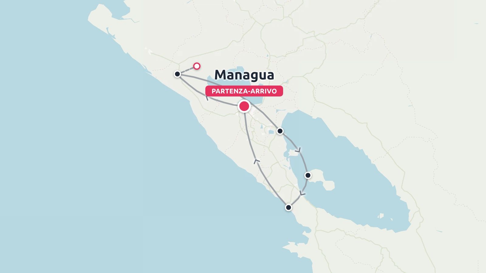 Un itinerario di viaggio in Nicaragua con partenza e arrivo a Managua, completo di indicatori di percorso e punti di passaggio.