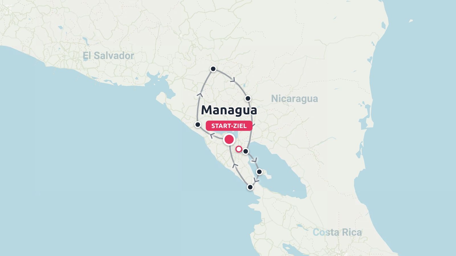 Eine Reiseroute durch Nicaragua, die eine Rundreise mit Start und Ziel in Managua zeigt.