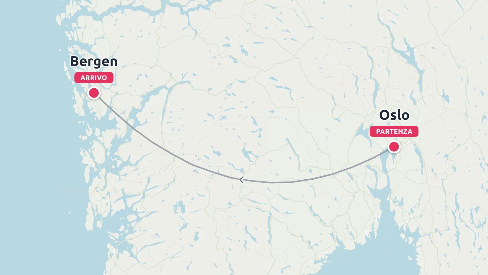 Una mappa dell'itinerario di viaggio che mostra un percorso curvo che collega Oslo come punto di partenza a Bergen come luogo di arrivo