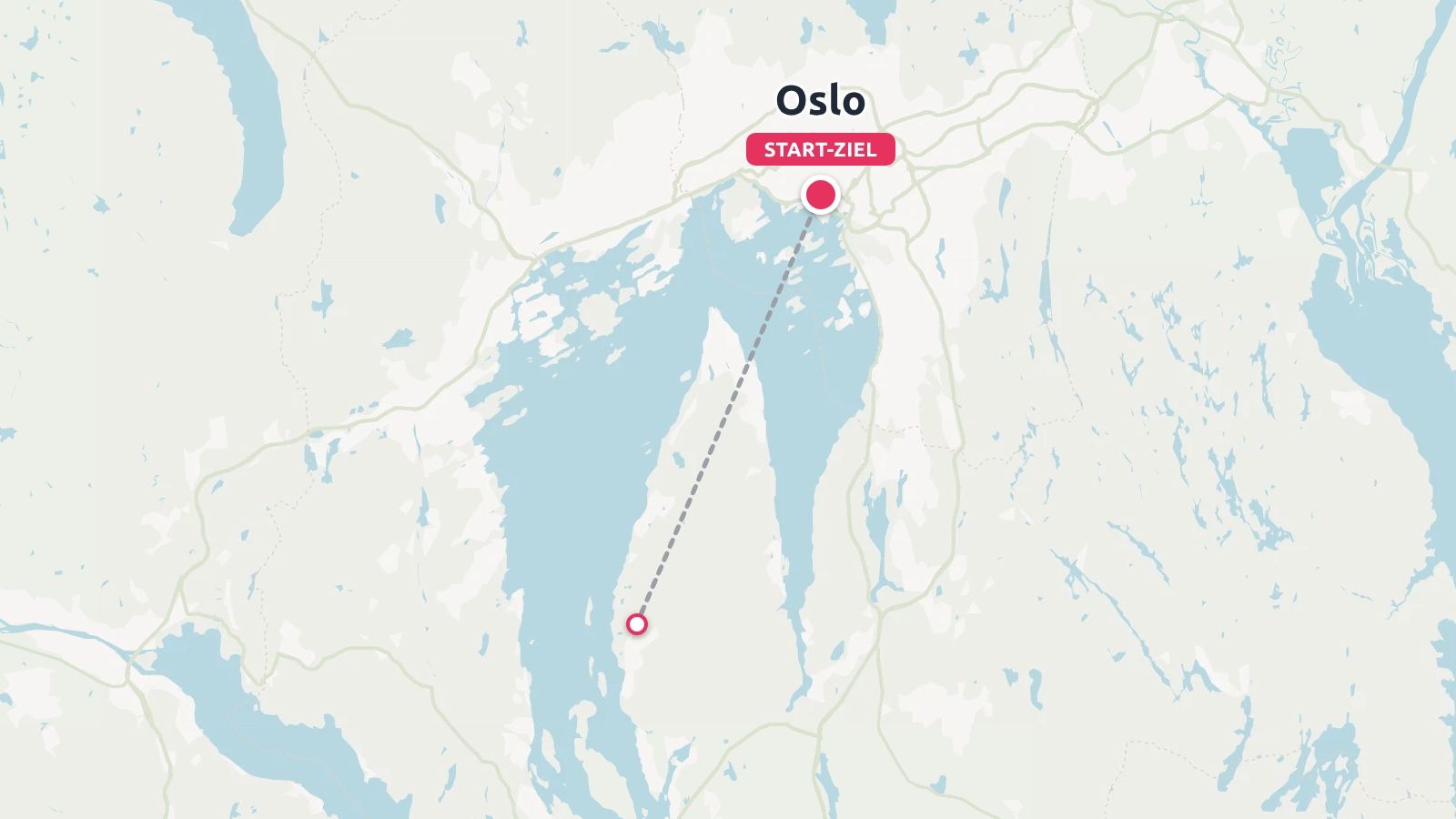 Eine Reisekarte von Oslo mit markiertem Start- und Endpunkt sowie einer nach Süden verlaufenden gestrichelten Route.
