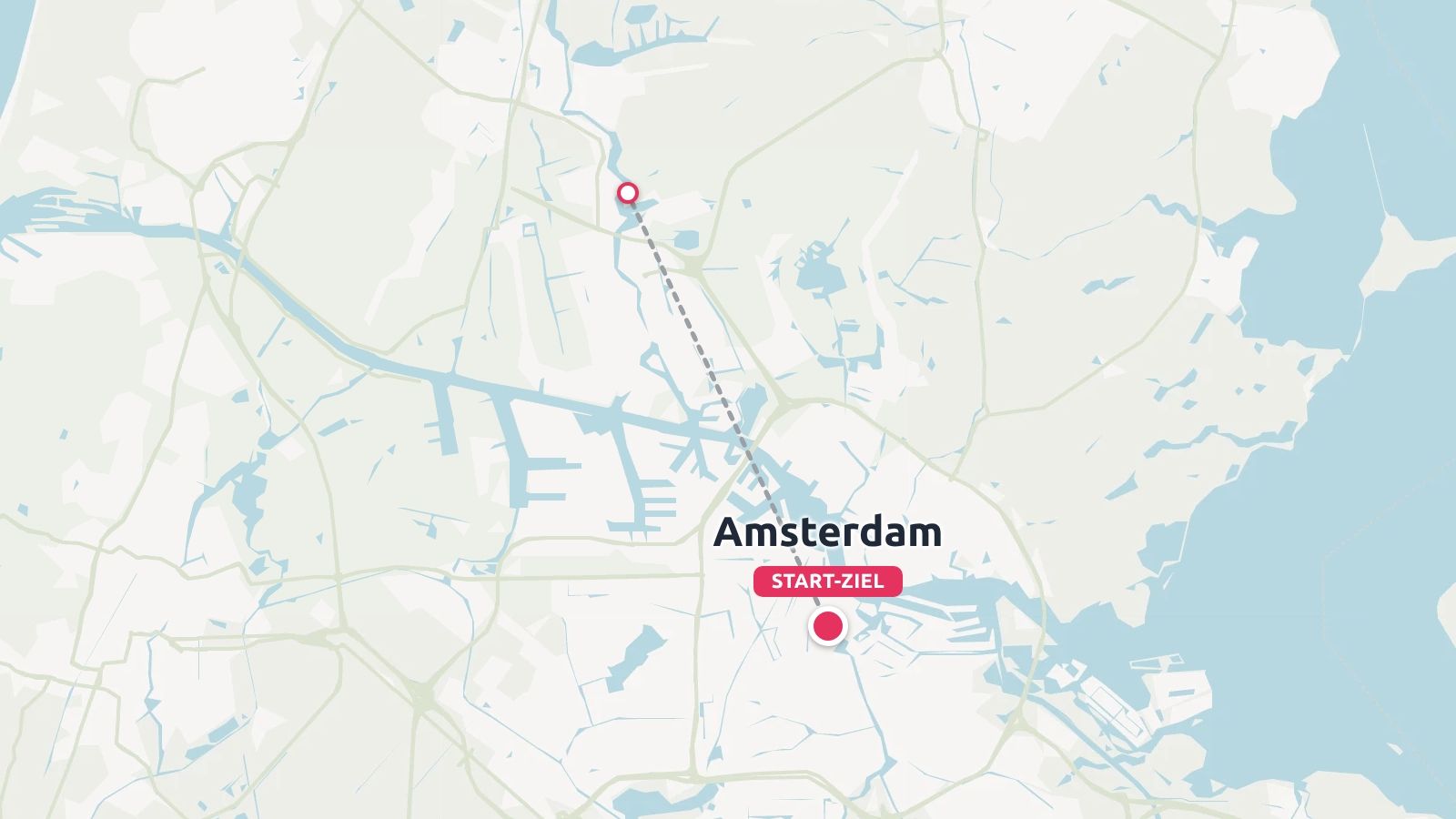 Eine Karte von Amsterdam mit einem Start-Ziel-Punkt und einer durch eine gestrichelte Linie verbundenen Route.