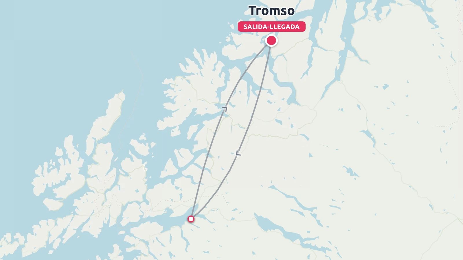 Un mapa de ruta de viaje que muestra un viaje de ida y vuelta que empieza y termina en Tromso a través de los fiordos costeros