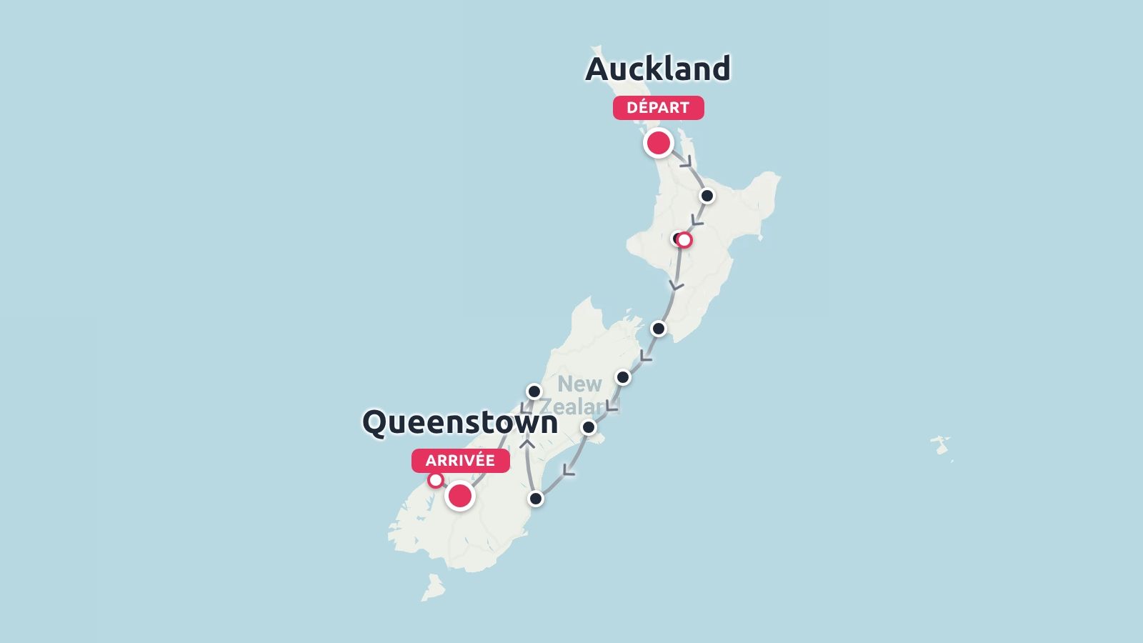 Une carte d'itinéraire de voyage en Nouvelle-Zélande retraçant un parcours du départ d'Auckland à l'arrivée à Queenstown.