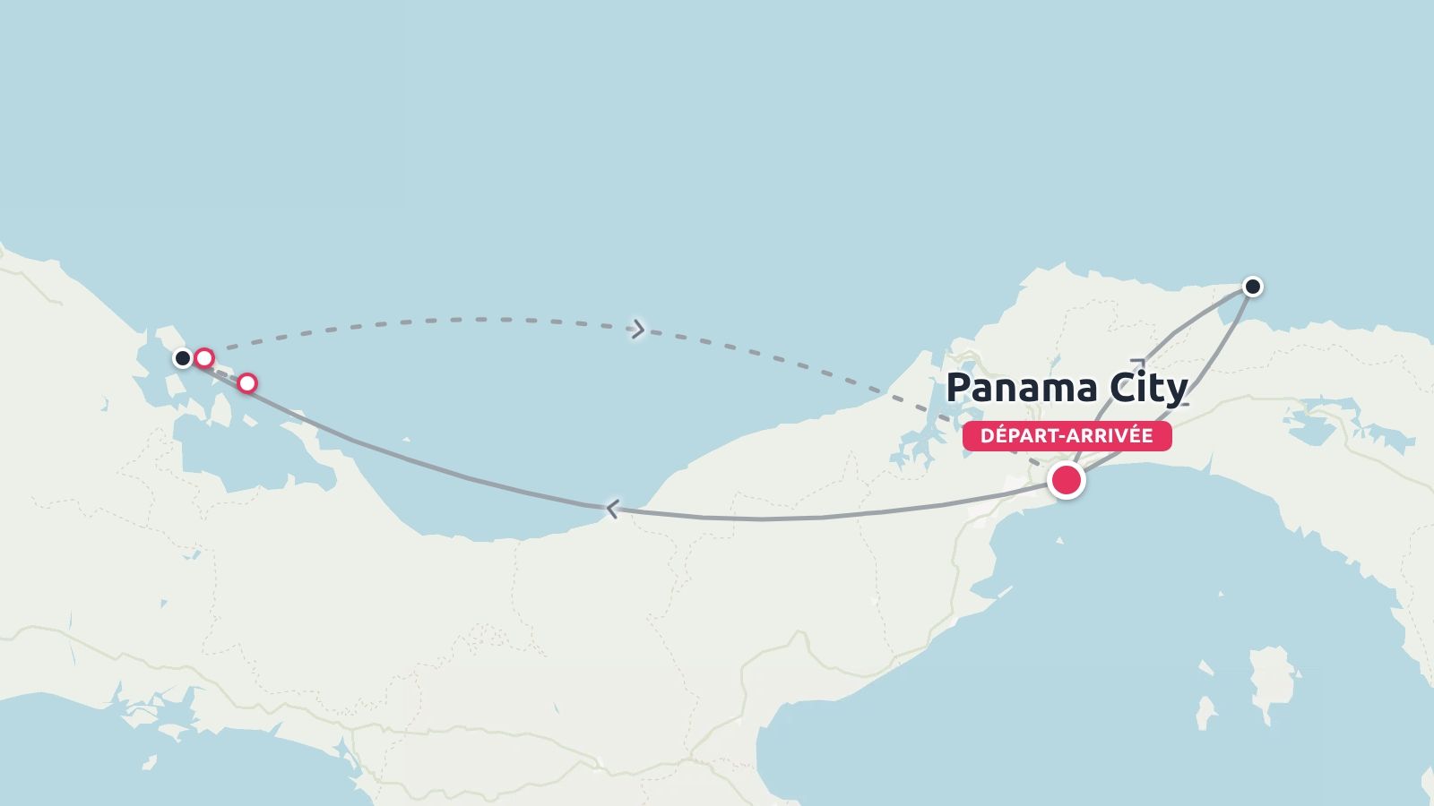 Un itineraire de voyage avec des lignes de connexion commencant et se terminant a Panama
