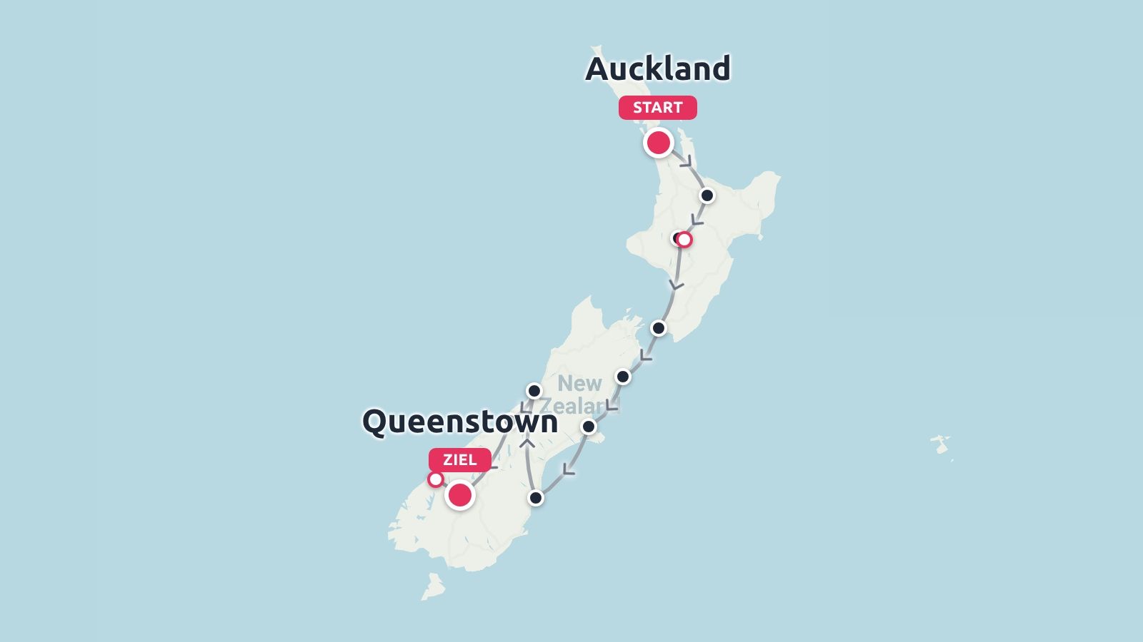 Reiseroute von Neuseeland mit markierten Stopps von Auckland bis Queenstown.