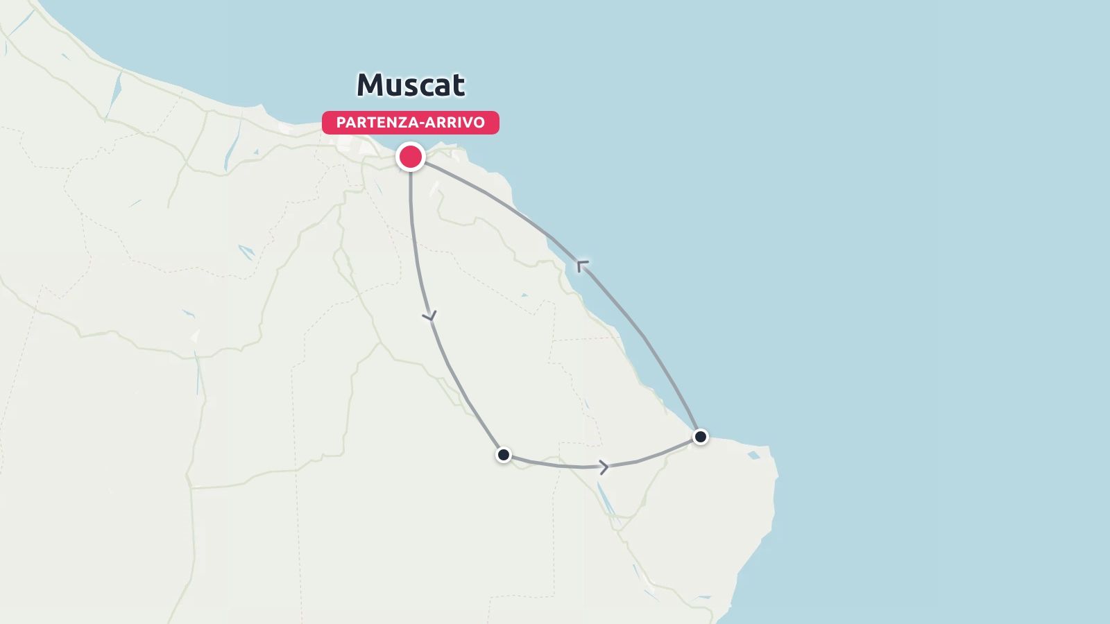 Una mappa dell'itinerario di viaggio che mostra un percorso circolare con partenza e arrivo a Mascate.