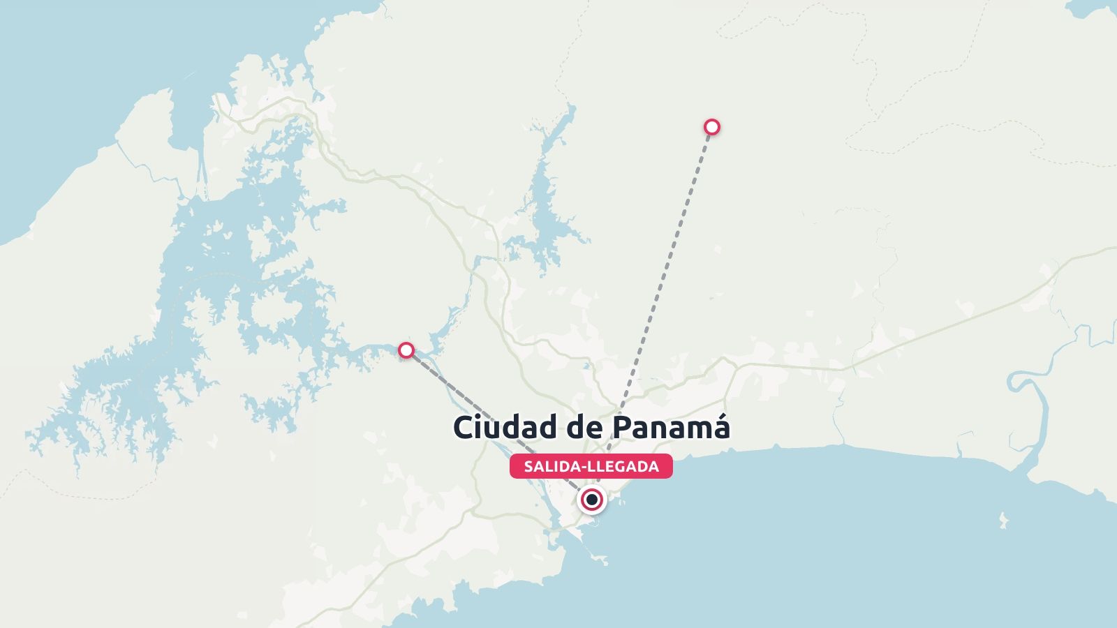 Mapa de ruta de viaje centrado en la Ciudad de Panamá que muestra los puntos de salida y llegada que conectan las ubicaciones cercanas.