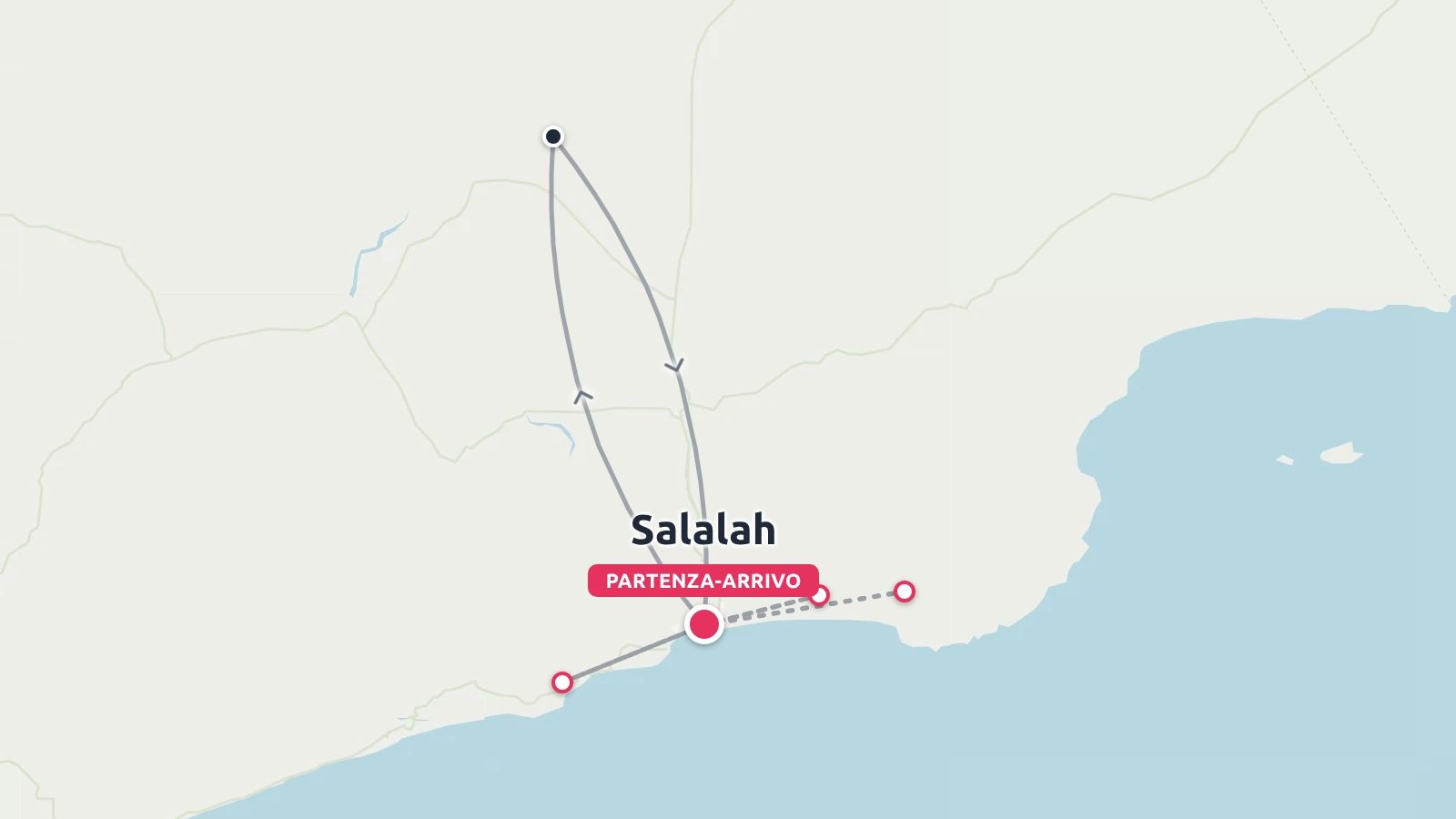Mappa dell'itinerario di viaggio con partenza e arrivo a Salalah e percorsi che si estendono verso l'interno e lungo la costa