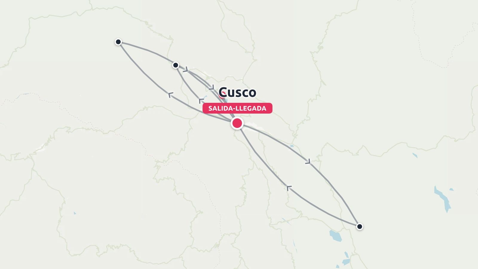 Mapa de ruta de viaje que muestra la salida y llegada a Cusco con itinerarios conectados a destinos cercanos