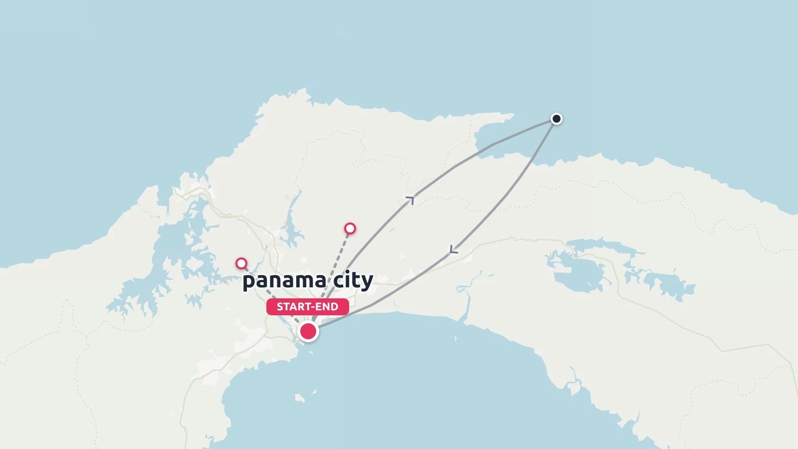 A travel itinerary map of Panama with a route starting and ending in Panama City.