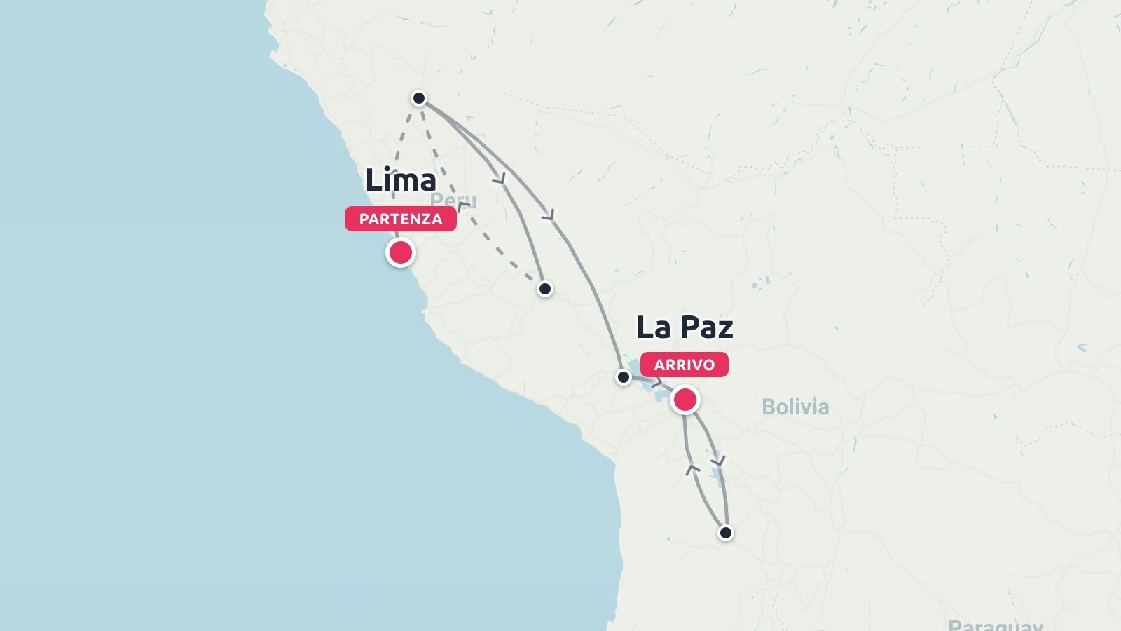 Una mappa di itinerario di viaggio che mostra un percorso che collega varie destinazioni tra Lima in Perù e La Paz in Bolivia