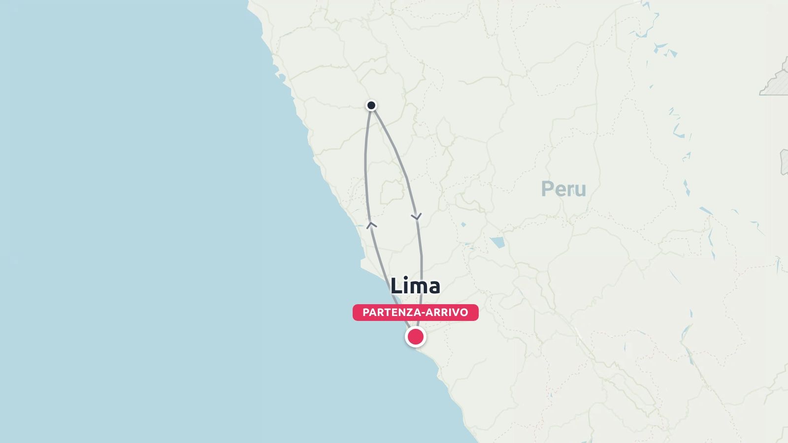 Mappa dell'itinerario di viaggio in Perù che mostra un viaggio di andata e ritorno con partenza e arrivo a Lima.