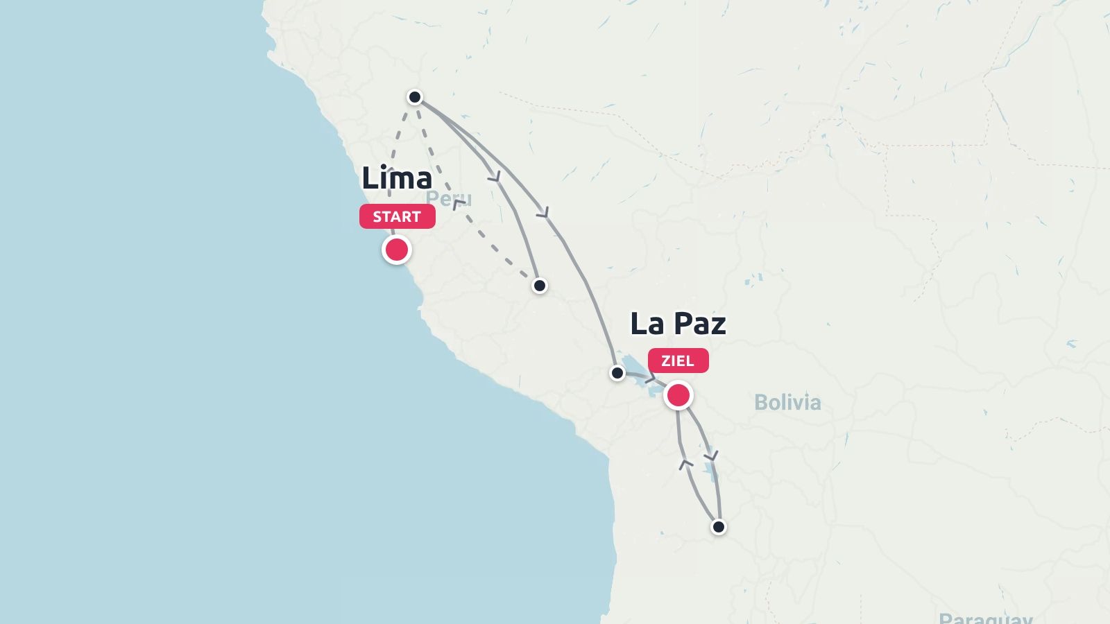 Eine Reiseroute, die in Lima, Peru beginnt und in La Paz, Bolivien endet.