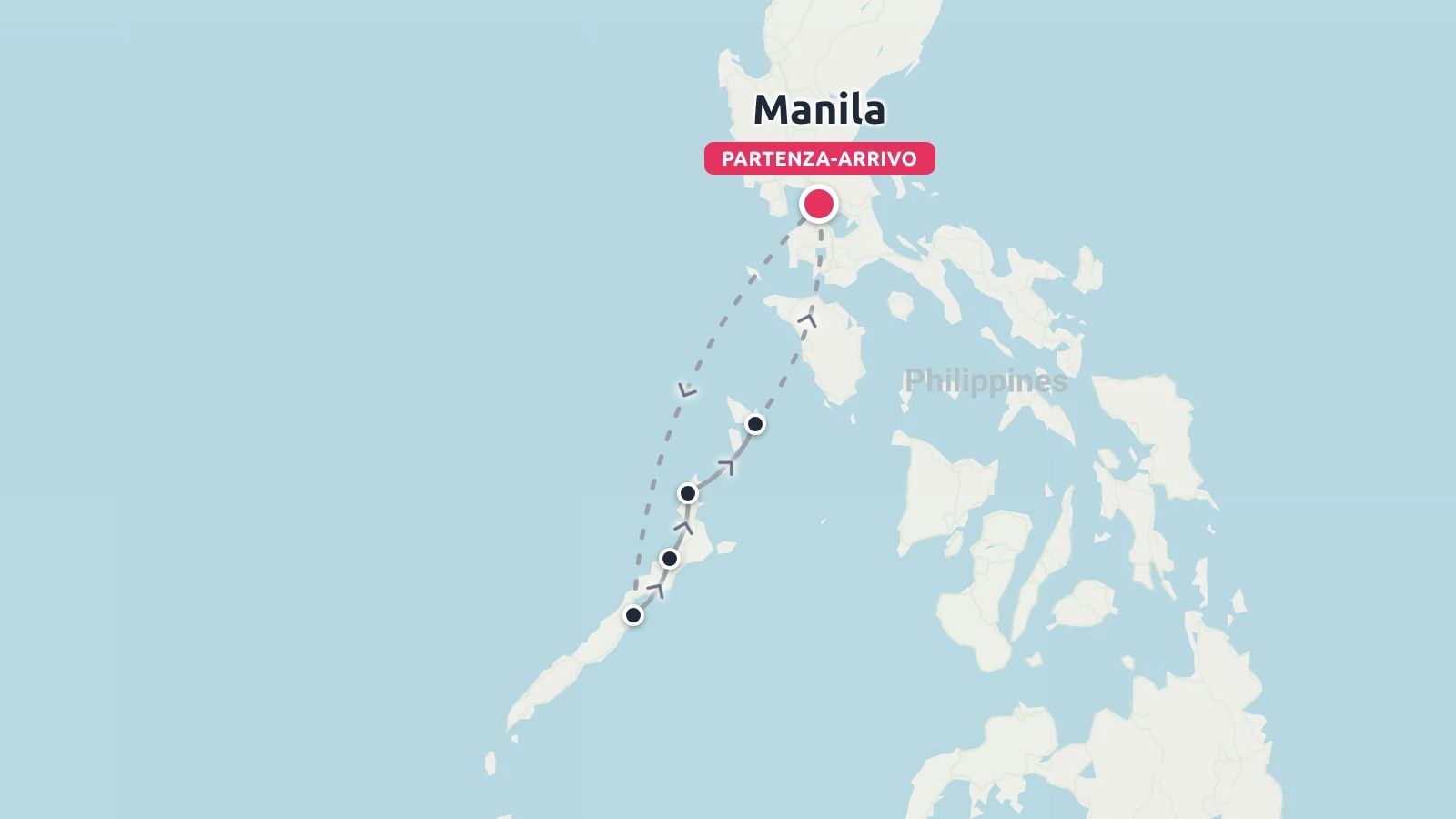 Mappa dell'itinerario di viaggio delle Filippine che mostra un percorso circolare con partenza e arrivo a Manila