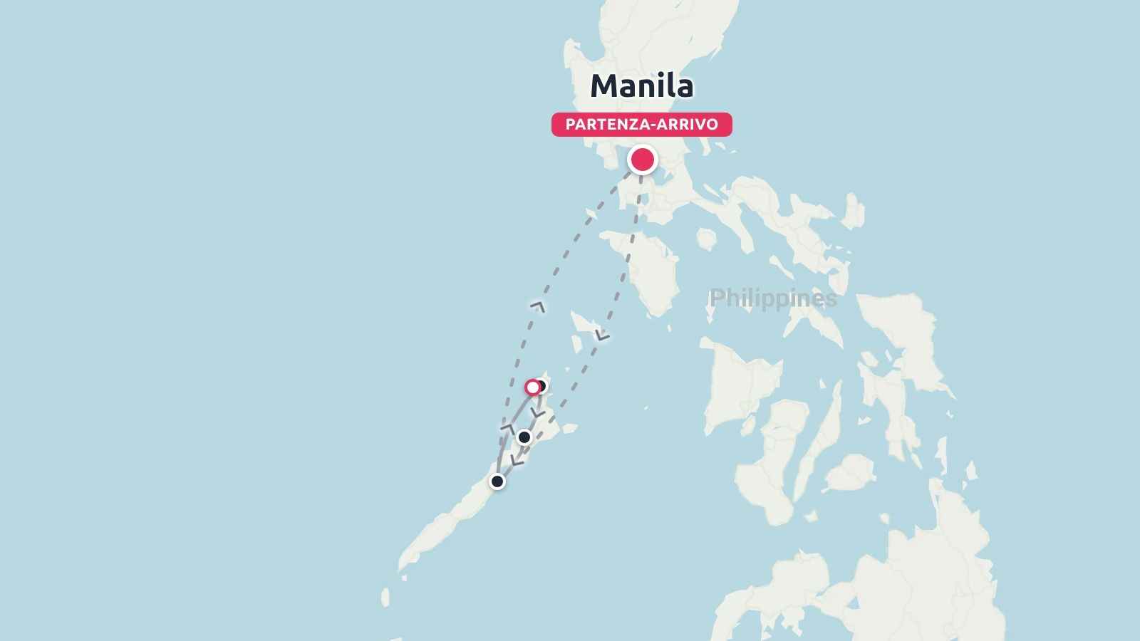 Mappa dell'itinerario di viaggio delle Filippine che mostra un percorso con partenza e arrivo a Manila e tappe in tutto Palawan