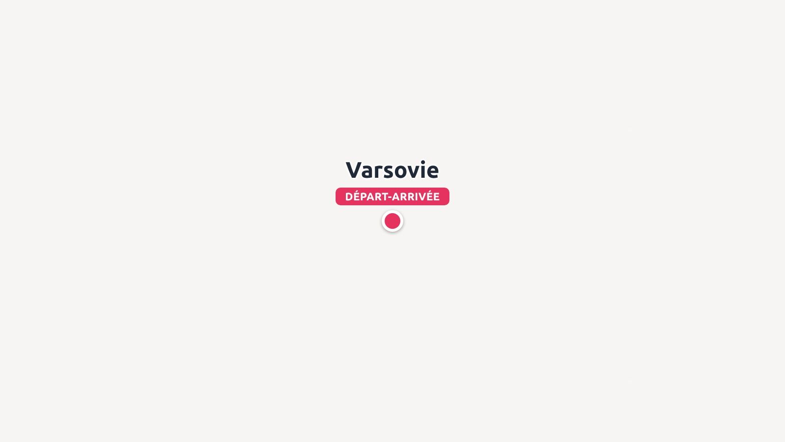 Un repère de carte pointant vers Varsovie avec l'étiquette départ-arrivée sur fond clair uni.