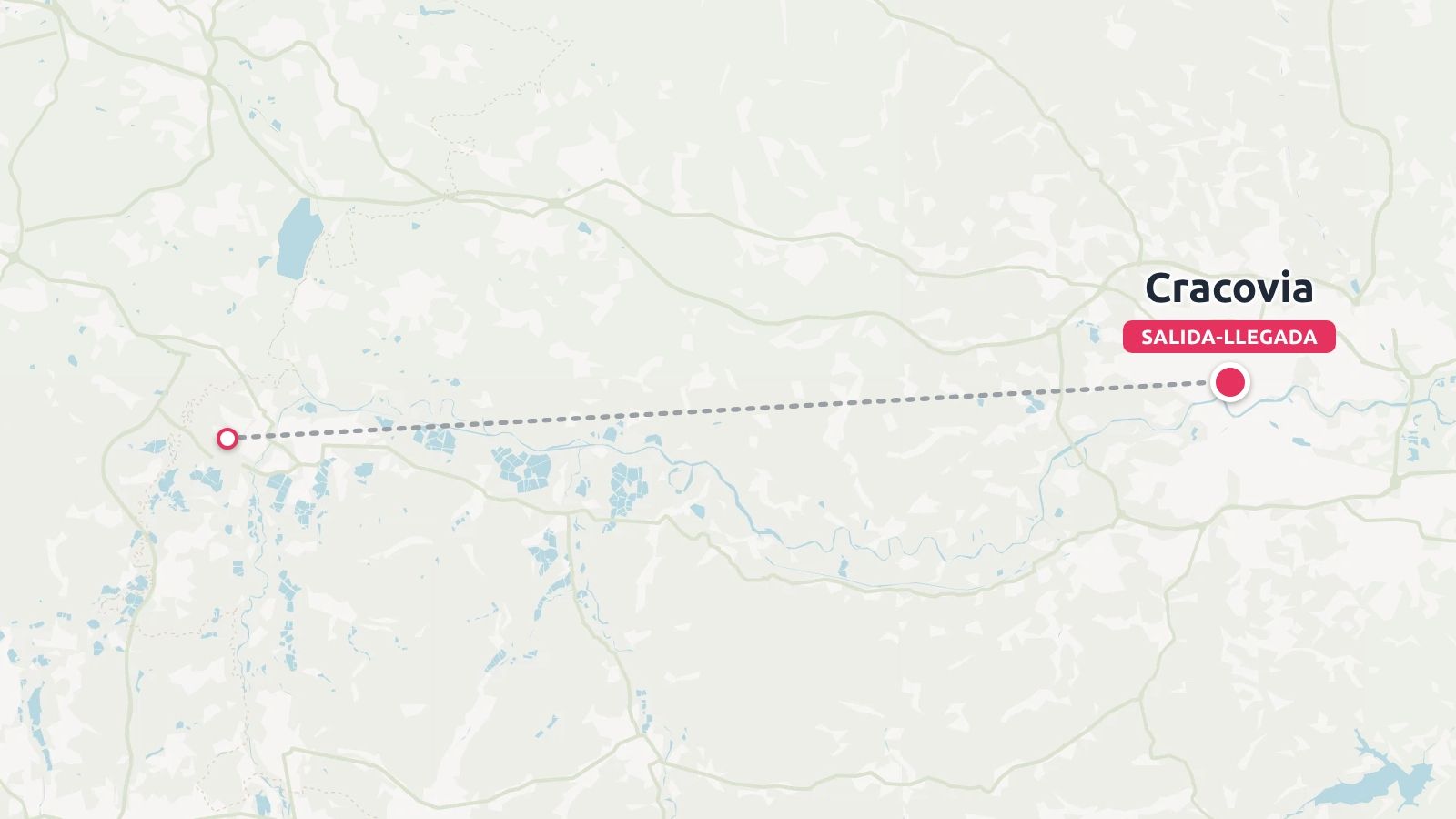 Mapa de ruta de viaje que muestra un camino punteado entre una ubicacion marcada y Cracovia etiquetado como salida y llegada
