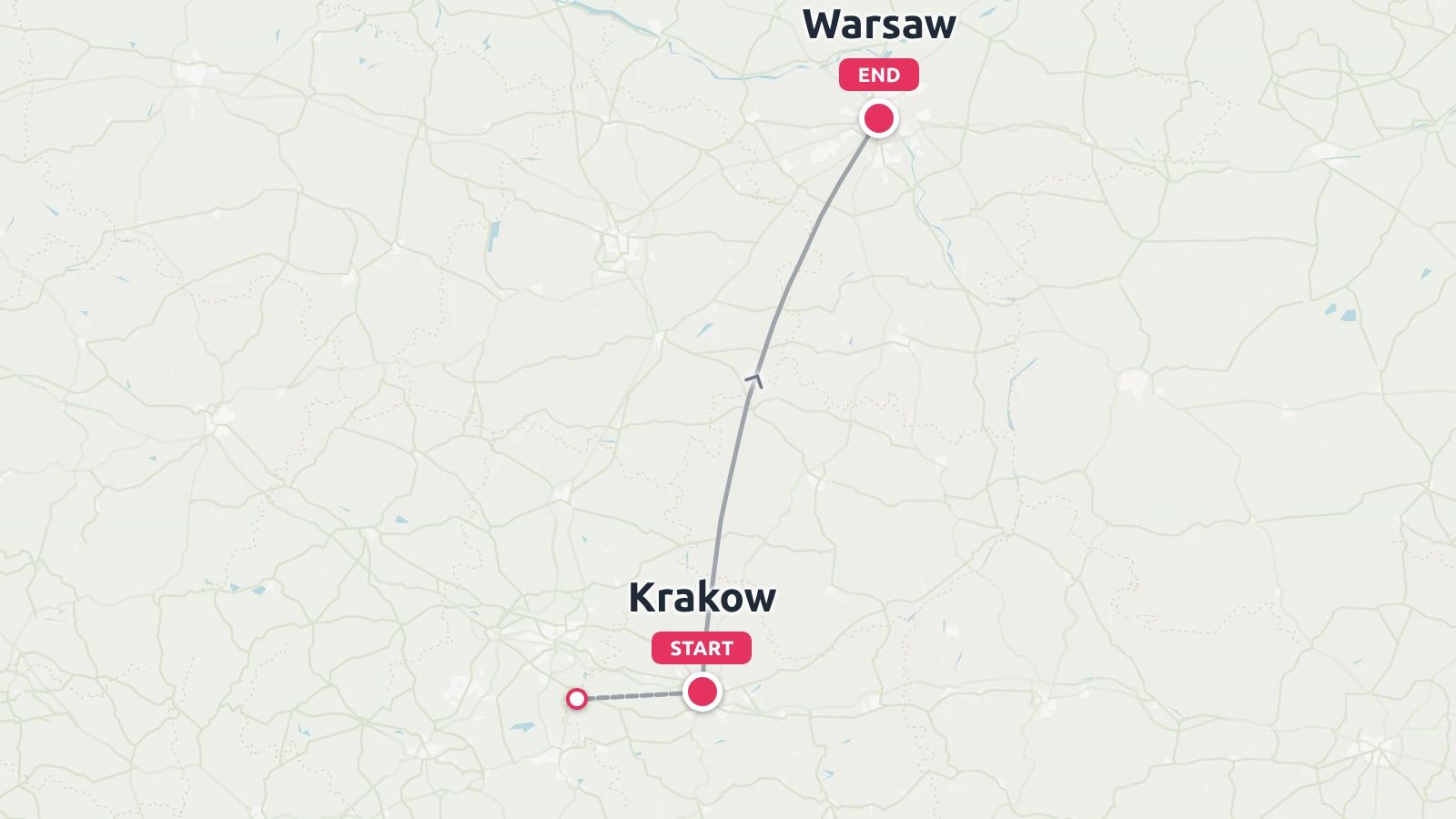 A travel route map showing a path starting in Krakow and ending in Warsaw.