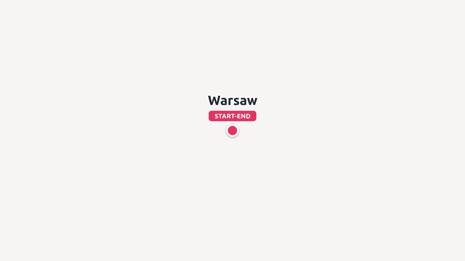 A minimalist travel map marker showing Warsaw labeled as the start and end location with a red point.