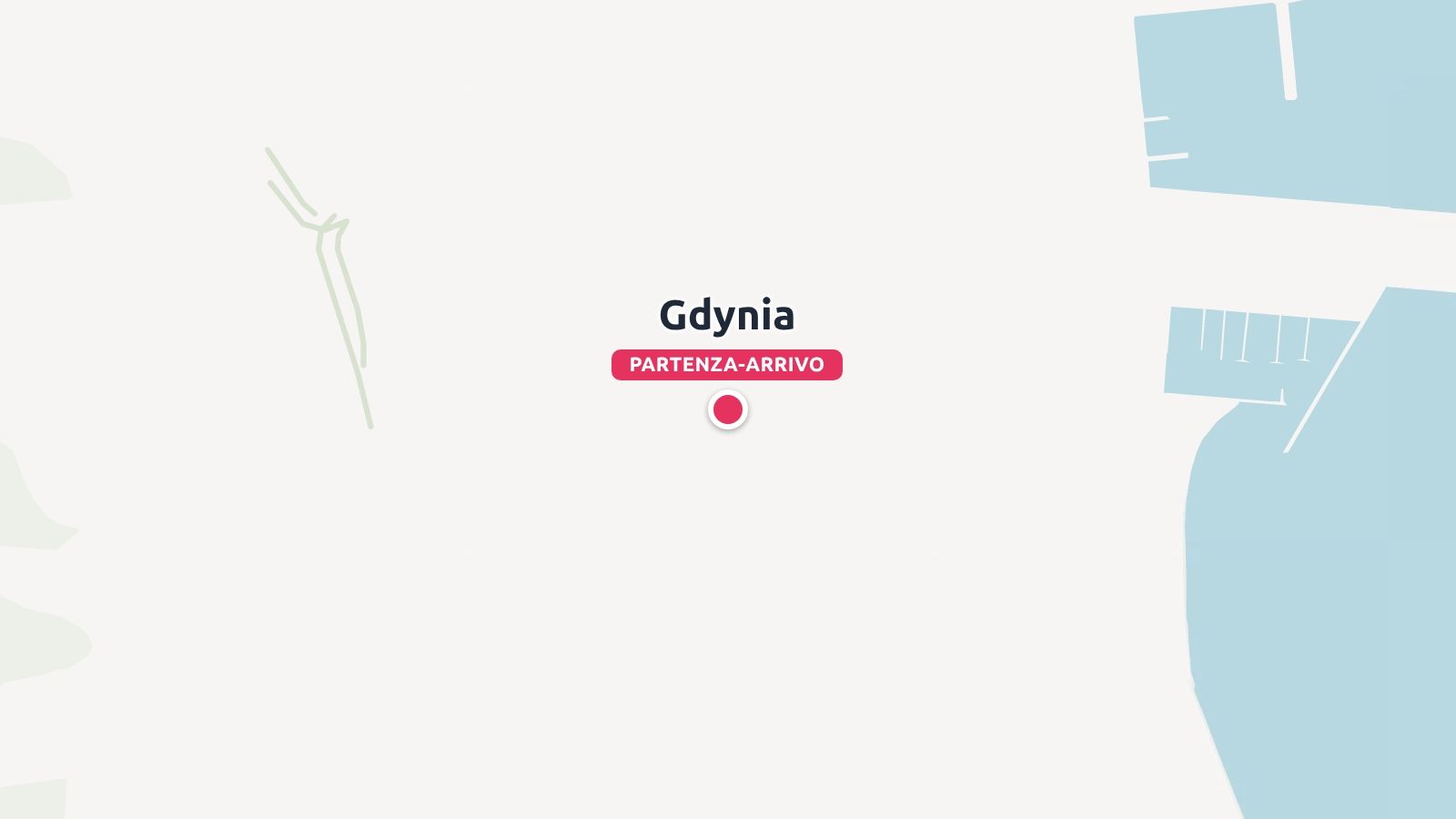 Una mappa di viaggio semplificata che mostra un marcatore rosso etichettato come punto di partenza e di arrivo a Gdynia.