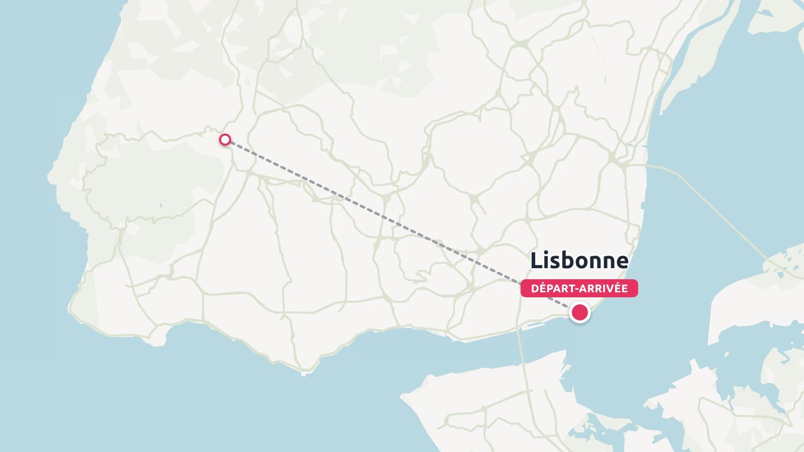 Une carte d'itinéraire de voyage montrant un chemin en pointillés entre une destination et Lisbonne marqué comme départ et arrivée