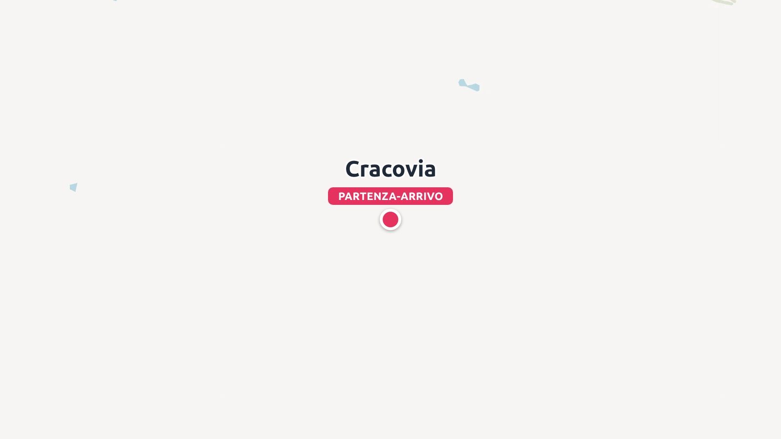 Un marcatore di mappa di viaggio che indica Cracovia come punto di partenza e di arrivo su uno sfondo minimalista