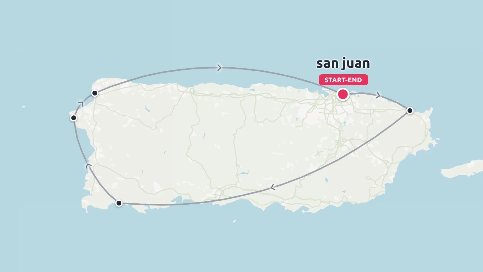 A travel route map around Puerto Rico, showing a circular itinerary starting and ending in San Juan.