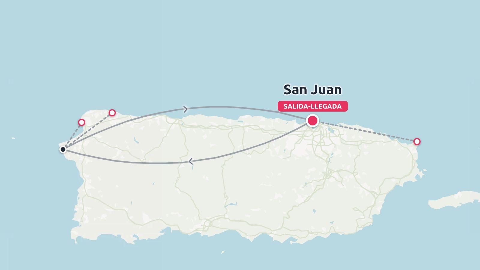 Un mapa de ruta de viaje de Puerto Rico que muestra un itinerario circular que comienza y termina en San Juan