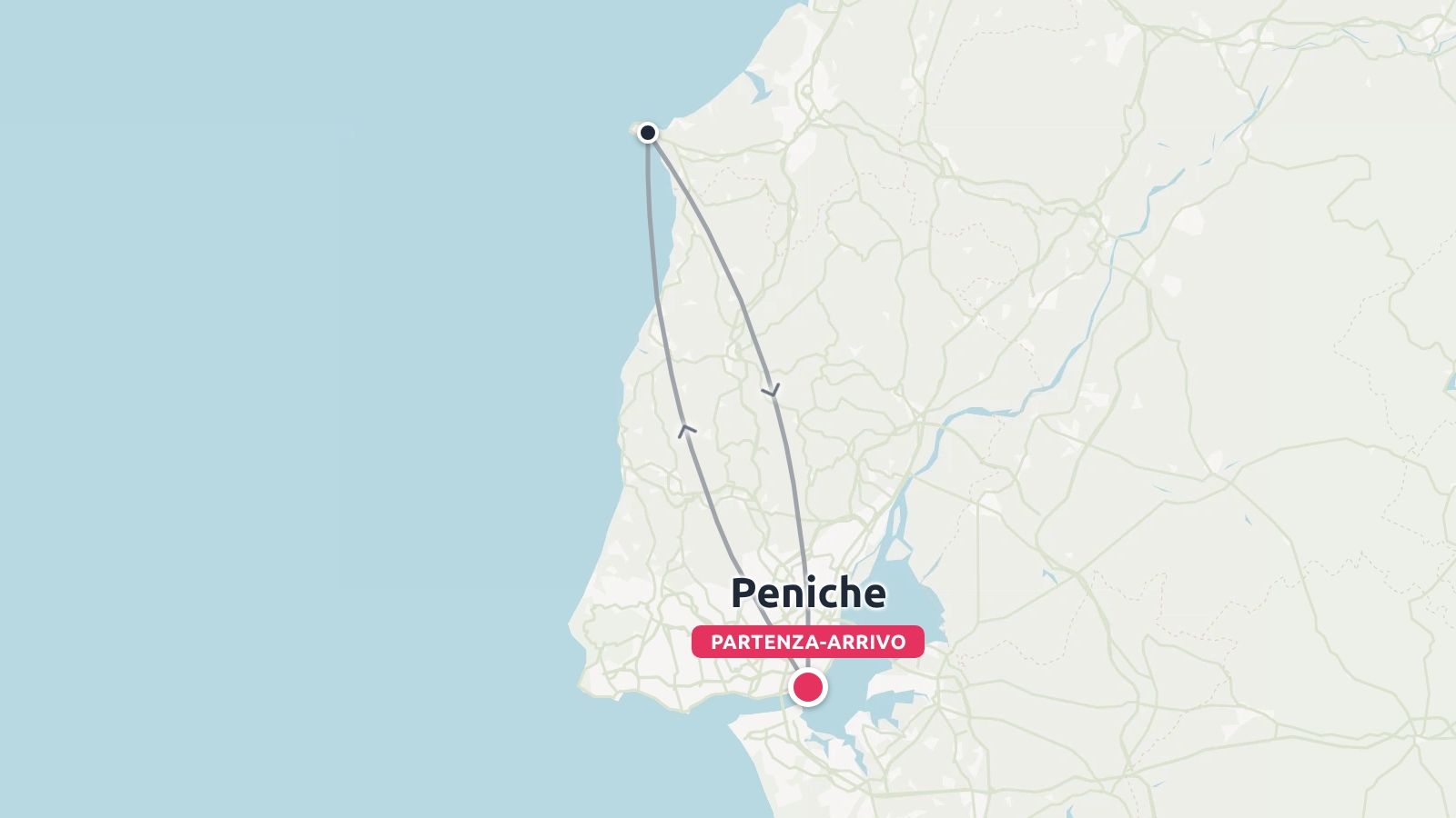 Una mappa dell'itinerario di viaggio che mostra un percorso circolare lungo la costa con partenza e arrivo a Peniche.