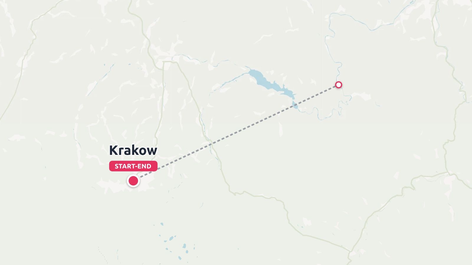 Travel route map displaying a dotted path connected to Krakow marked as the start and end point.