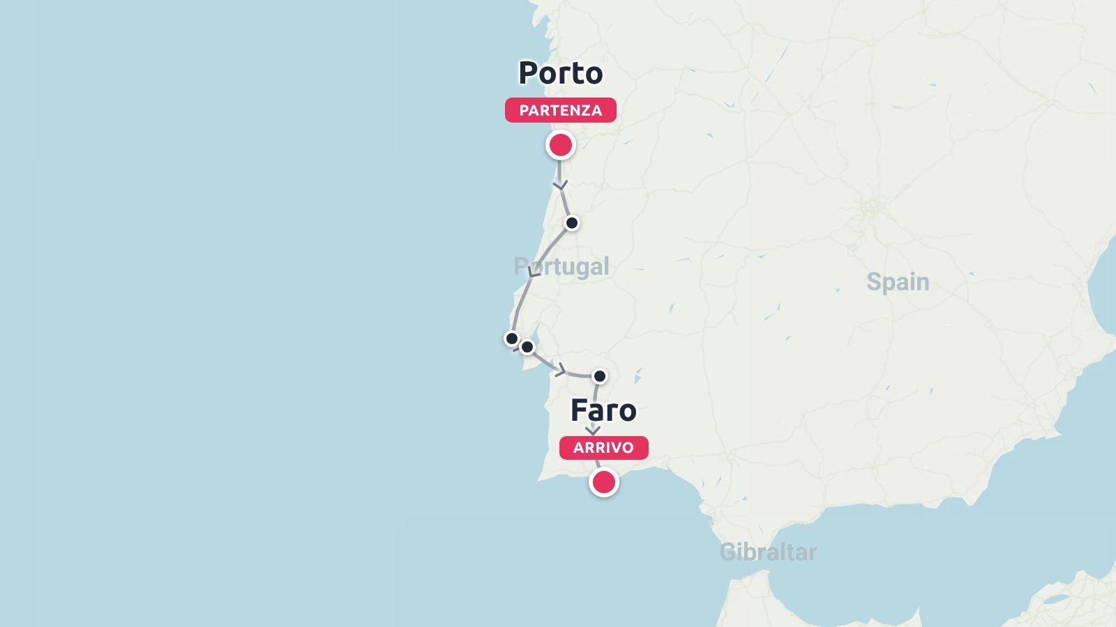 Un itinerario di viaggio in Portogallo che traccia un viaggio verso sud da Porto a Faro con tappe intermedie lungo la costa